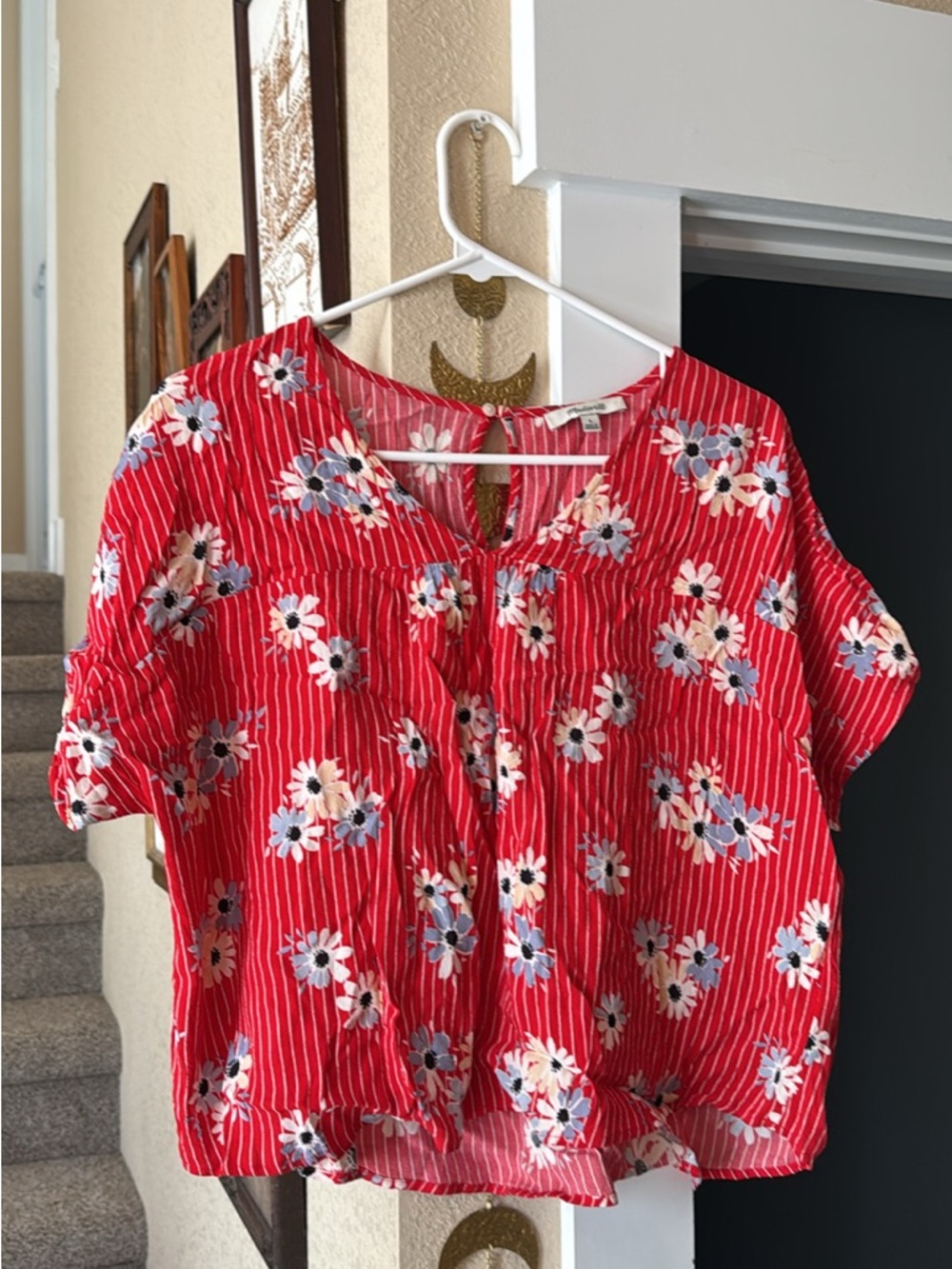 Madewell Red Floral Striped Women's Blouse